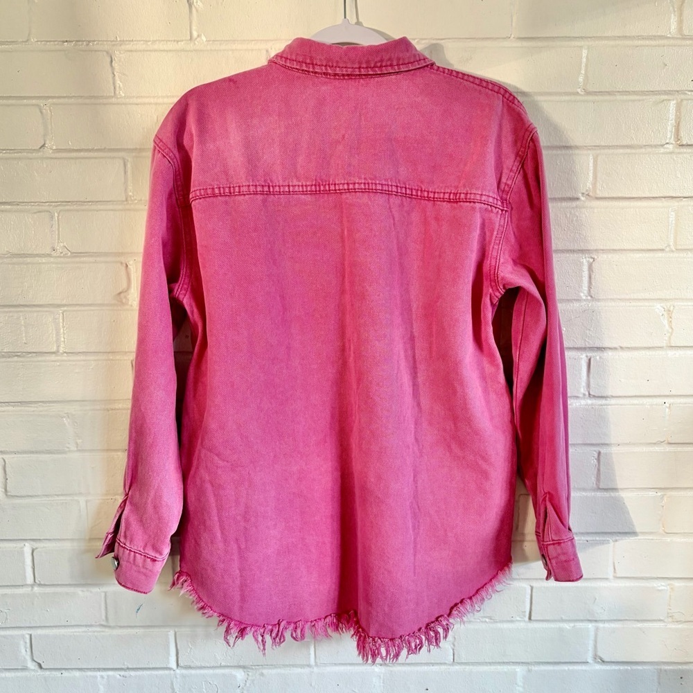 Fantaslook Pink Distressed Denim Jacket/Shacket w/ Frayed Hem, SZ S NWOT - Picture 11 of 13